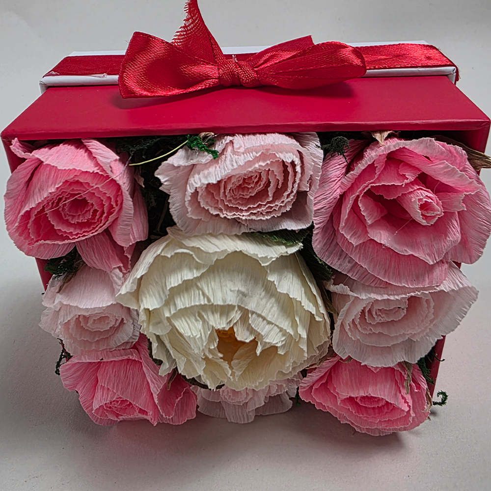Red Gift Box with Handmade Paper Roses & Peony