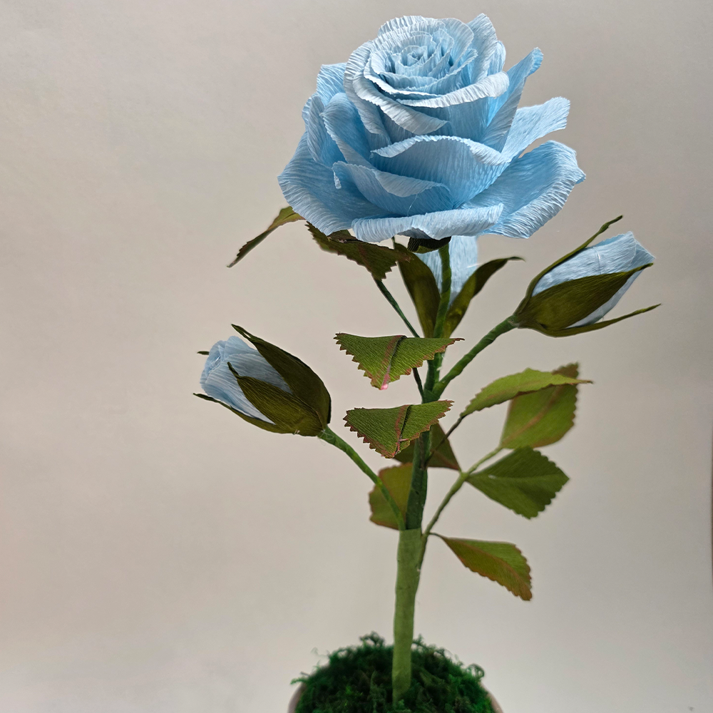Blue Rose in Hand-Painted Pot – Handmade Paper Flower