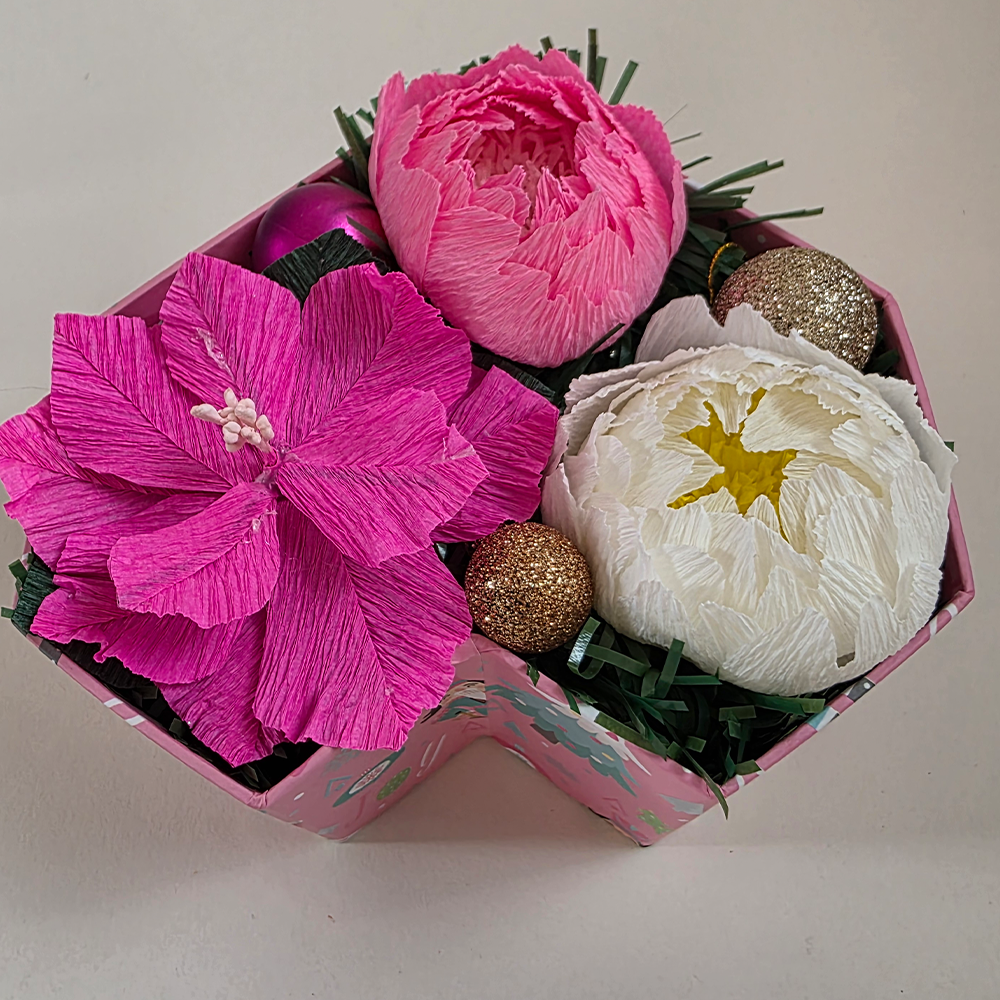 Pink Holiday Heart Arrangement – Handmade Crepe Paper Flowers