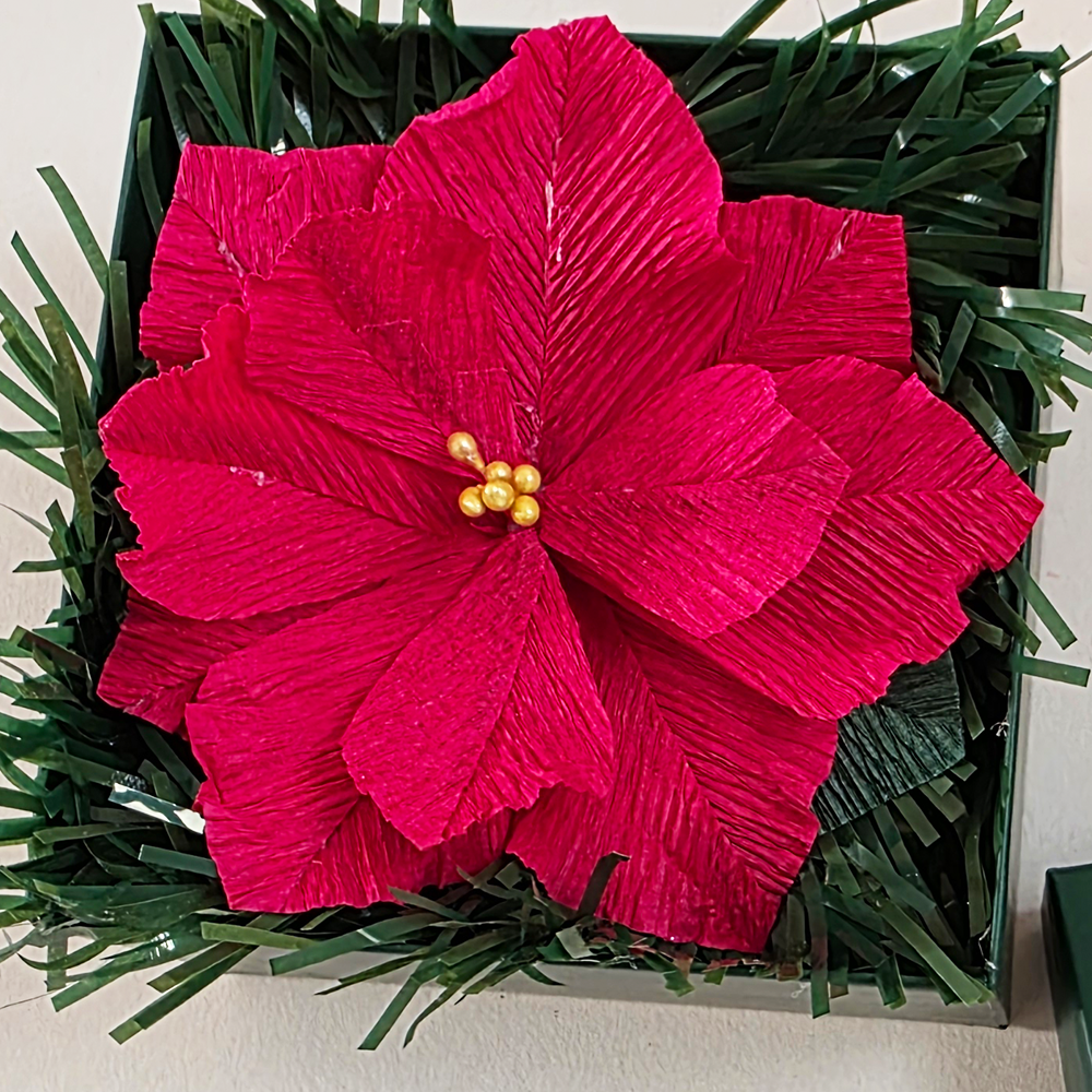 Red Poinsettia in Dark Green Christmas Box — Handmade Festive Gift