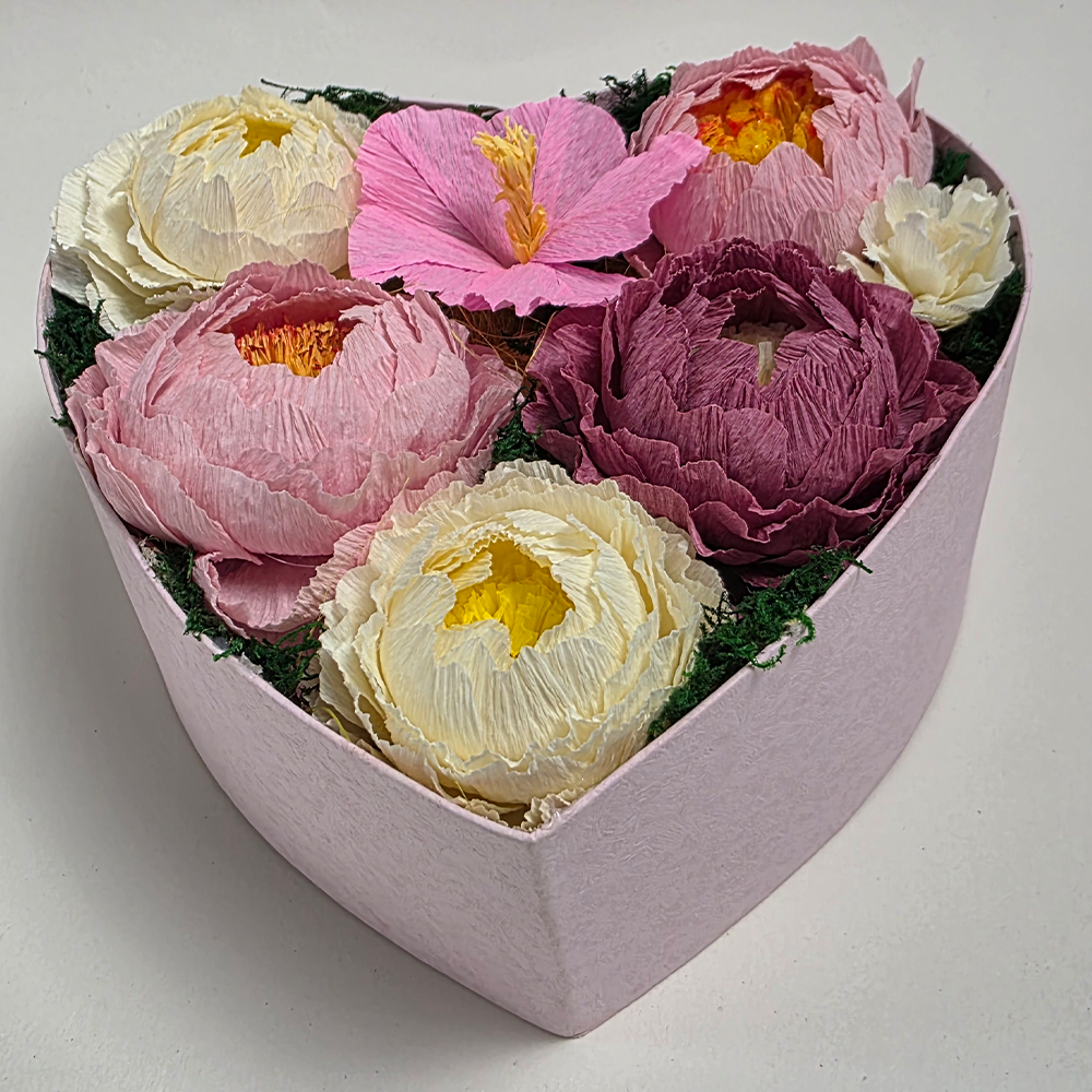 Heart Box with Handmade Paper Peonies & Hibiscu