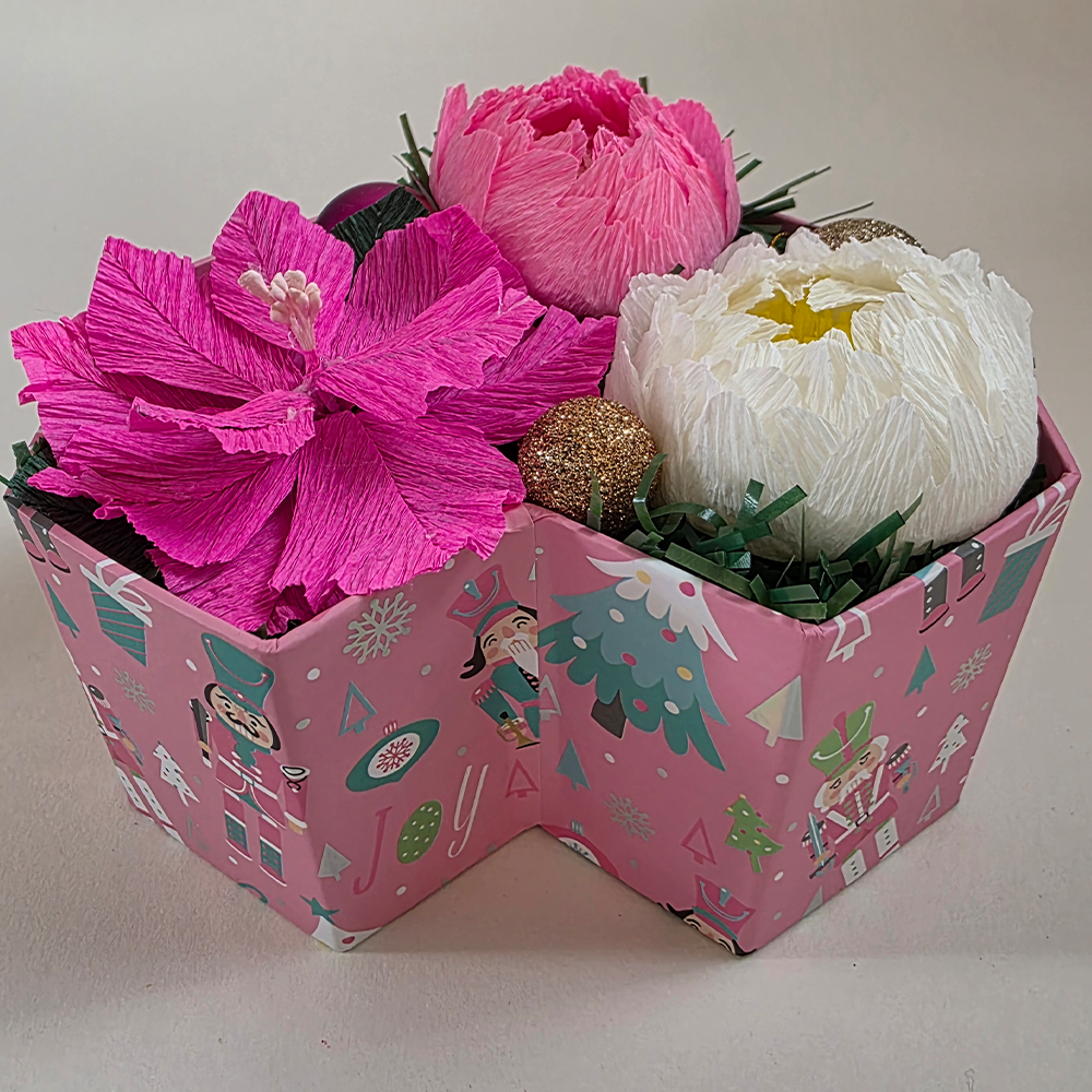 Pink Holiday Heart Arrangement – Handmade Crepe Paper Flowers