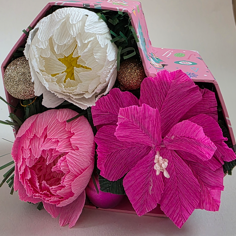 Pink Holiday Heart Arrangement – Handmade Crepe Paper Flowers