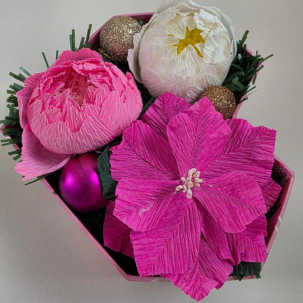 Pink Holiday Heart Arrangement – Handmade Crepe Paper Flowers