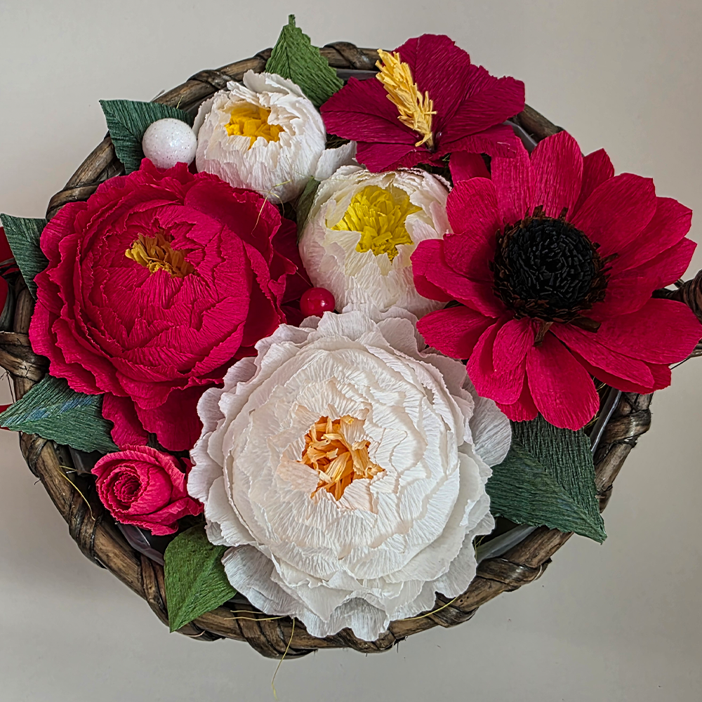 Handmade Red & White Crepe Paper Flower Basket