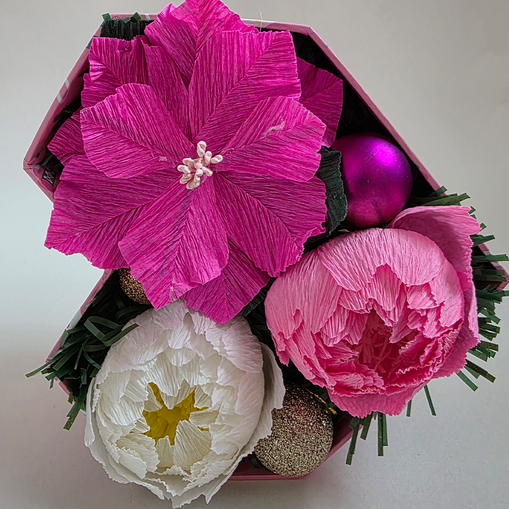 Pink Holiday Heart Arrangement – Handmade Crepe Paper Flowers