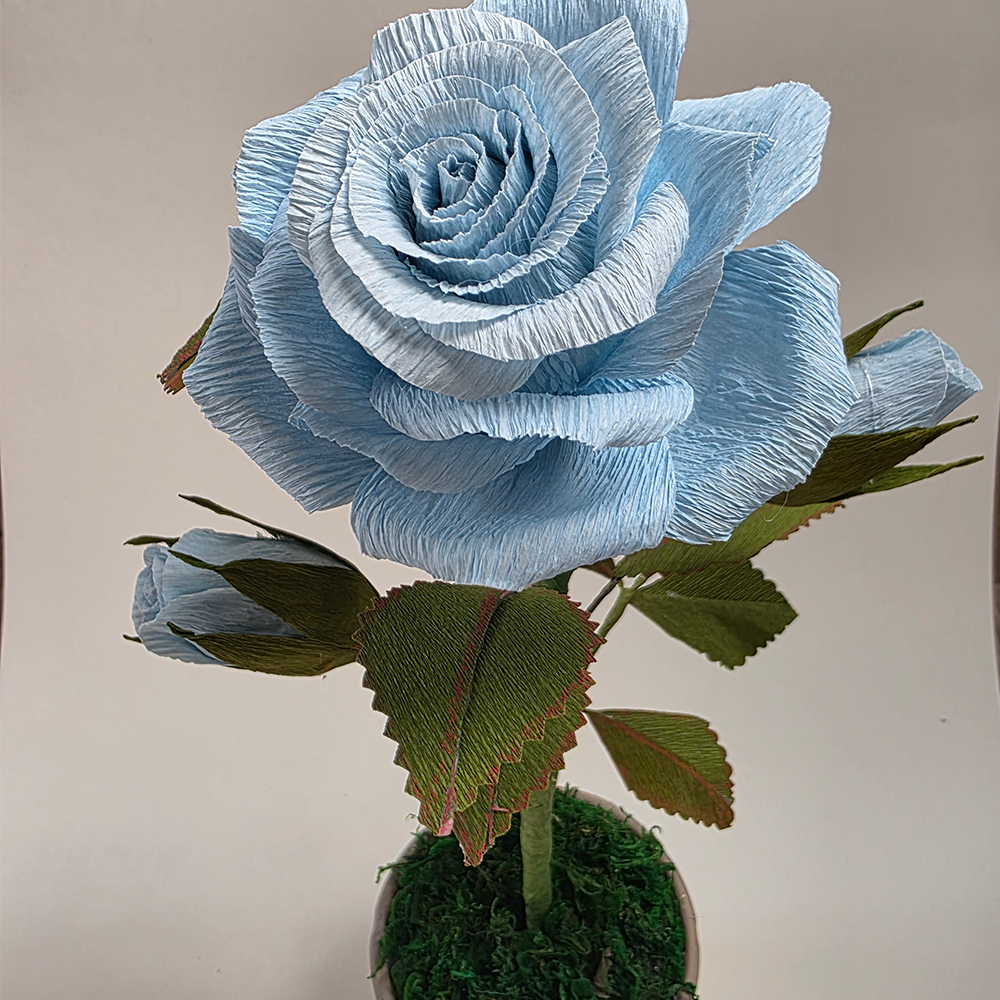 Blue Rose in Hand-Painted Pot – Handmade Paper Flower