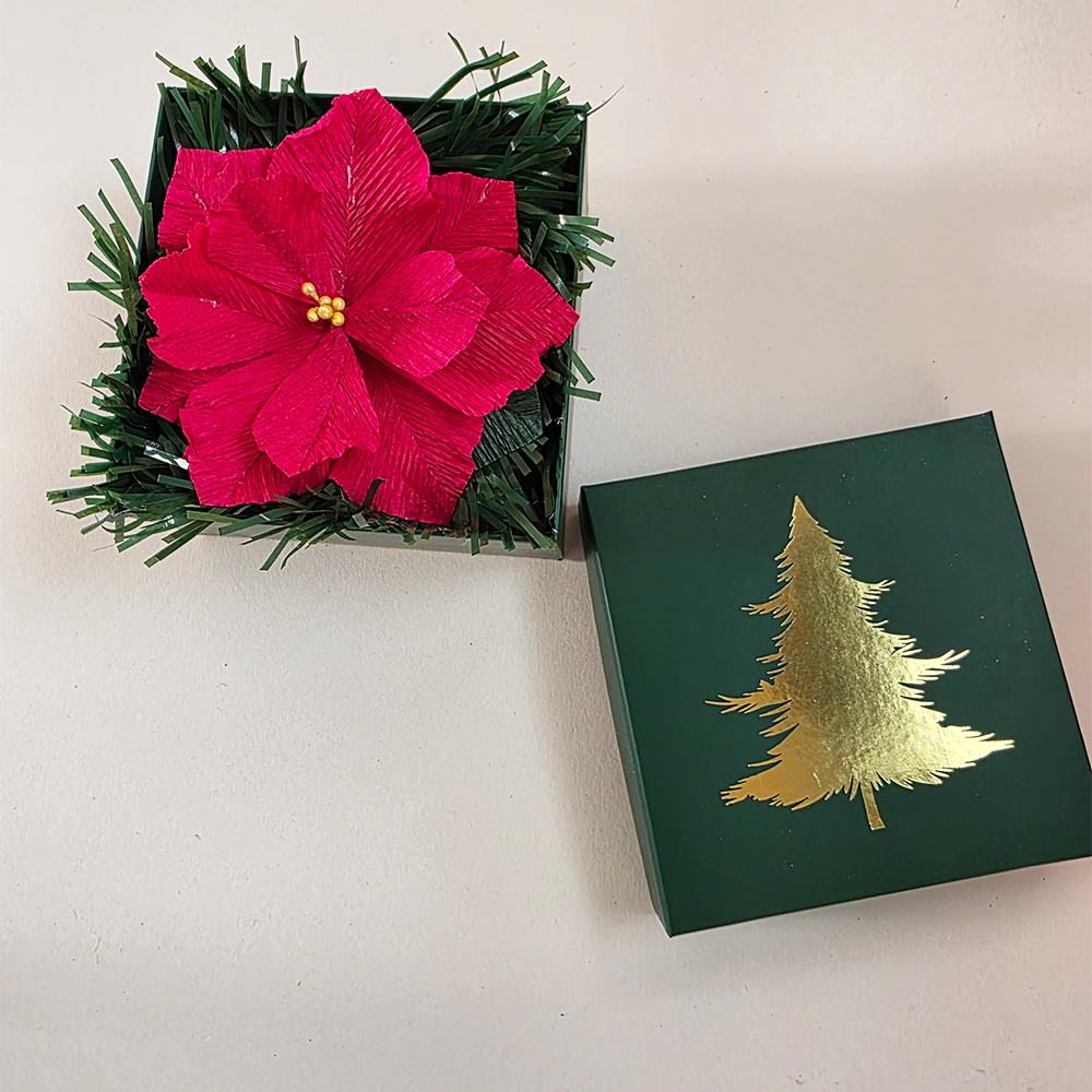 Red Poinsettia in Dark Green Christmas Box — Handmade Festive Gift
