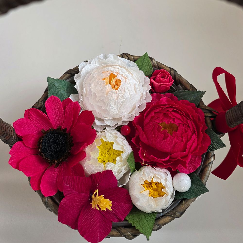 Handmade Red & White Crepe Paper Flower Basket