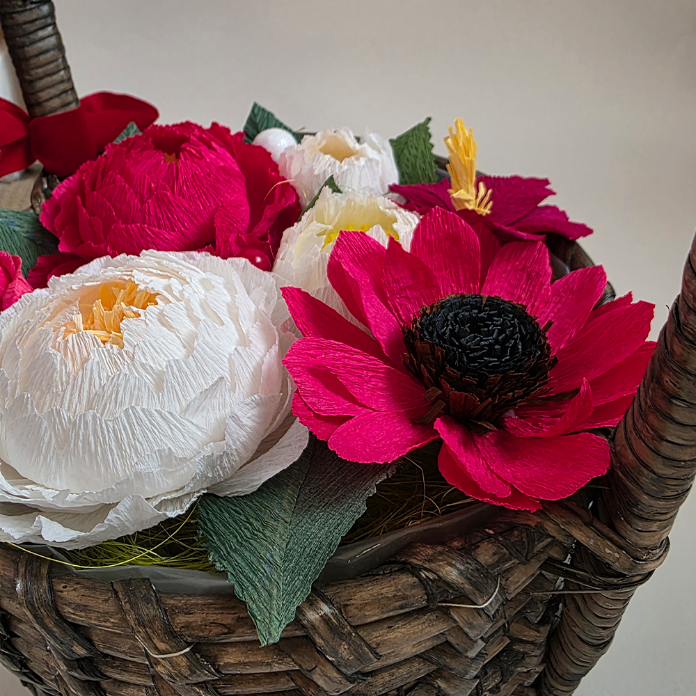 Handmade Red & White Crepe Paper Flower Basket