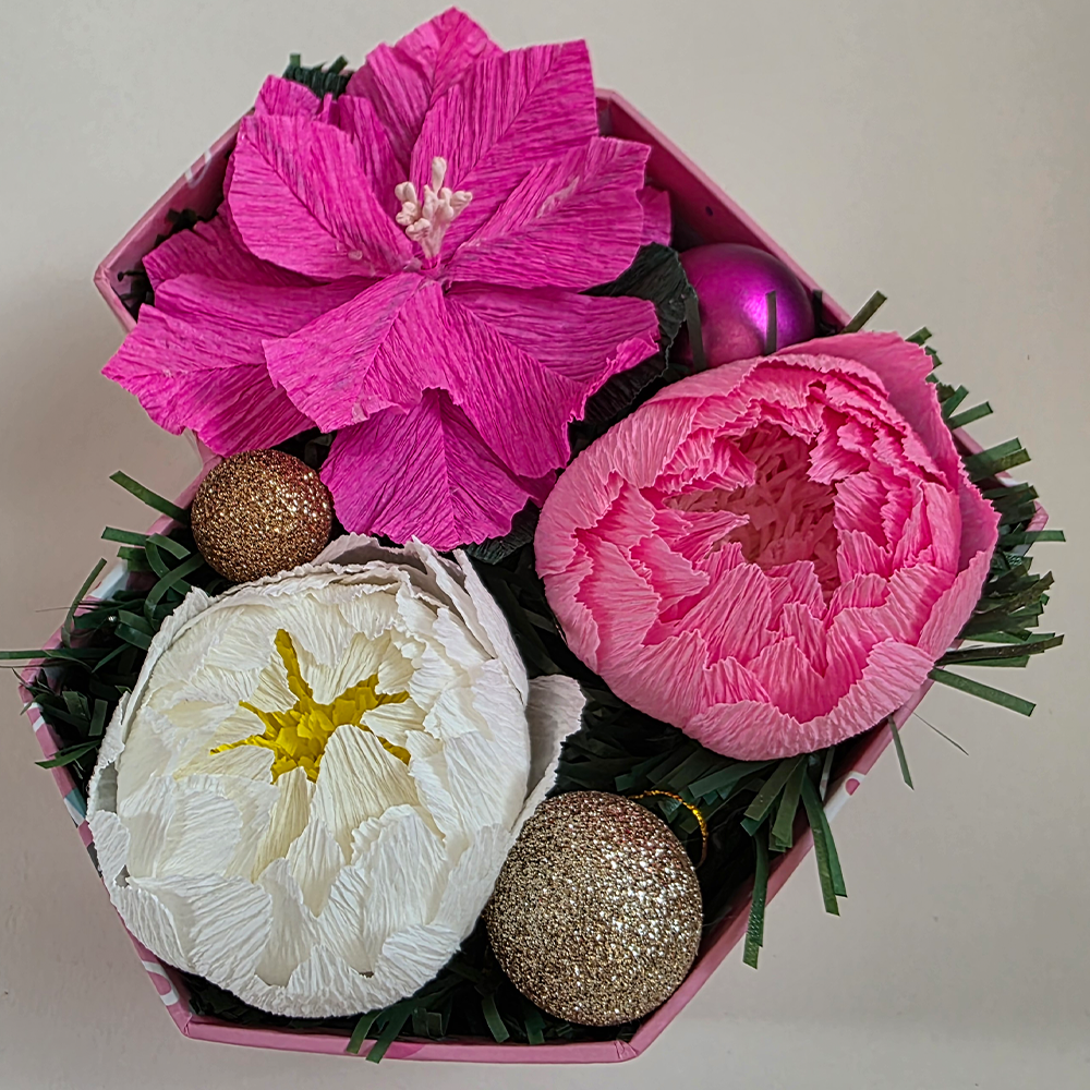 Pink Holiday Heart Arrangement – Handmade Crepe Paper Flowers
