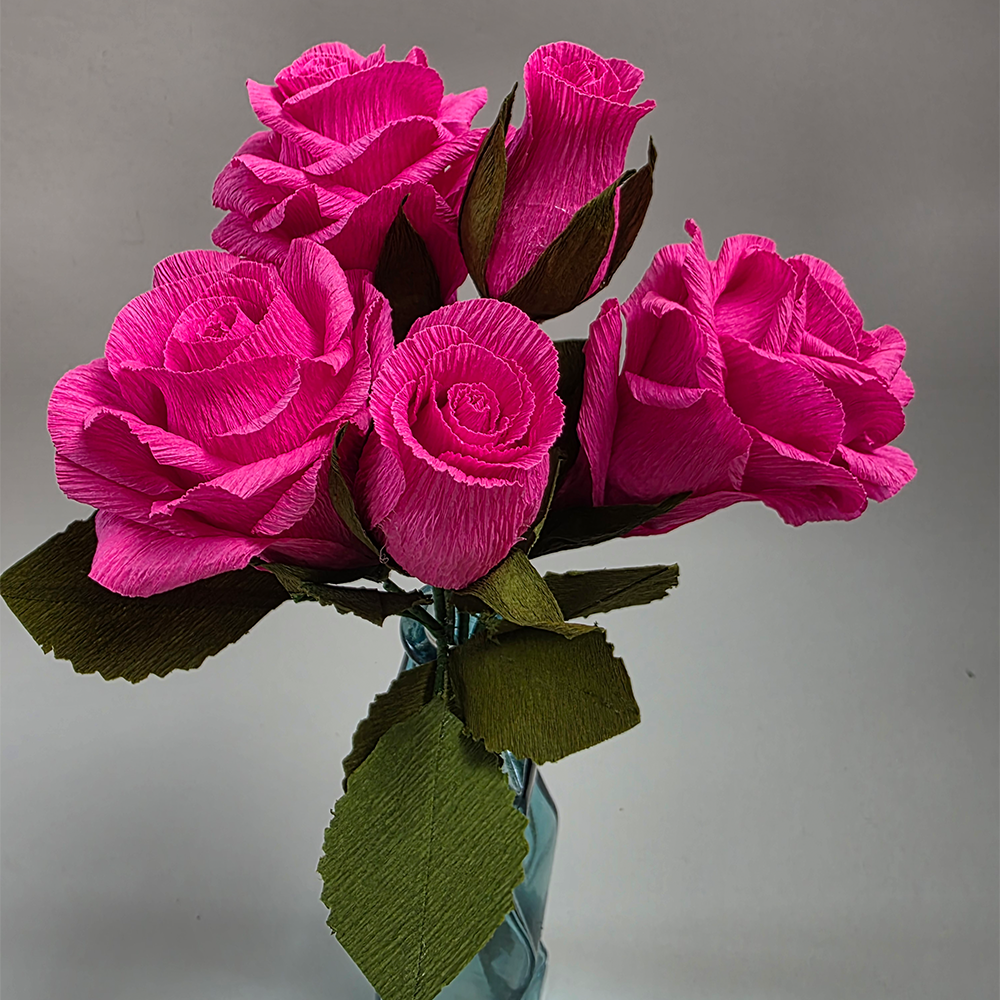 Fuchsia Roses in Glass Vase – Handmade Paper Flowers