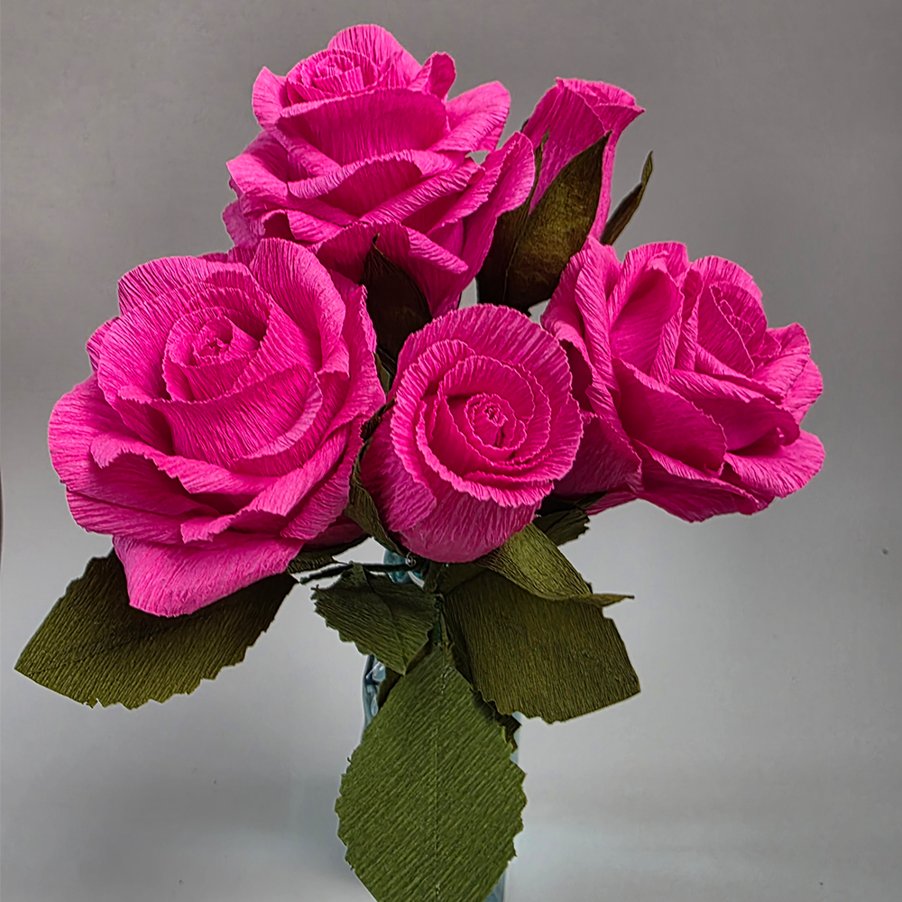 Fuchsia Roses in Glass Vase – Handmade Paper Flowers