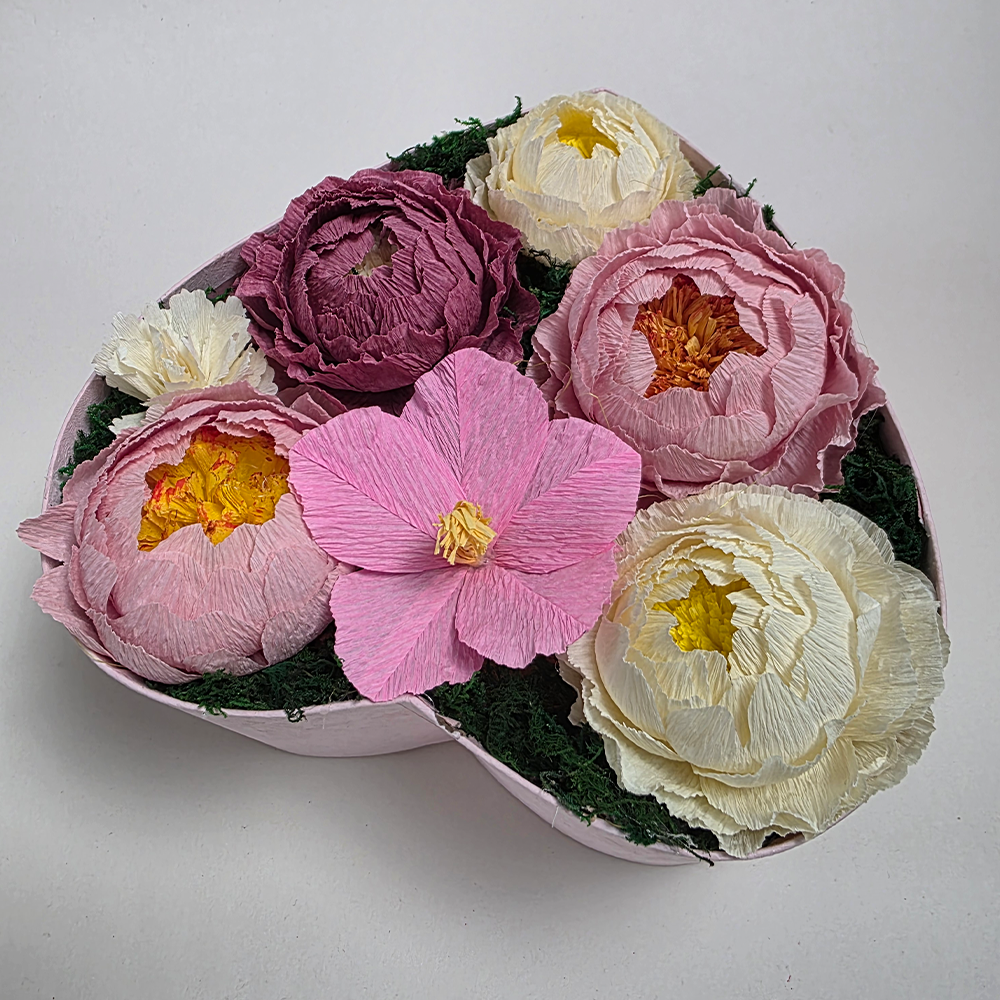 Heart Box with Handmade Paper Peonies & Hibiscu