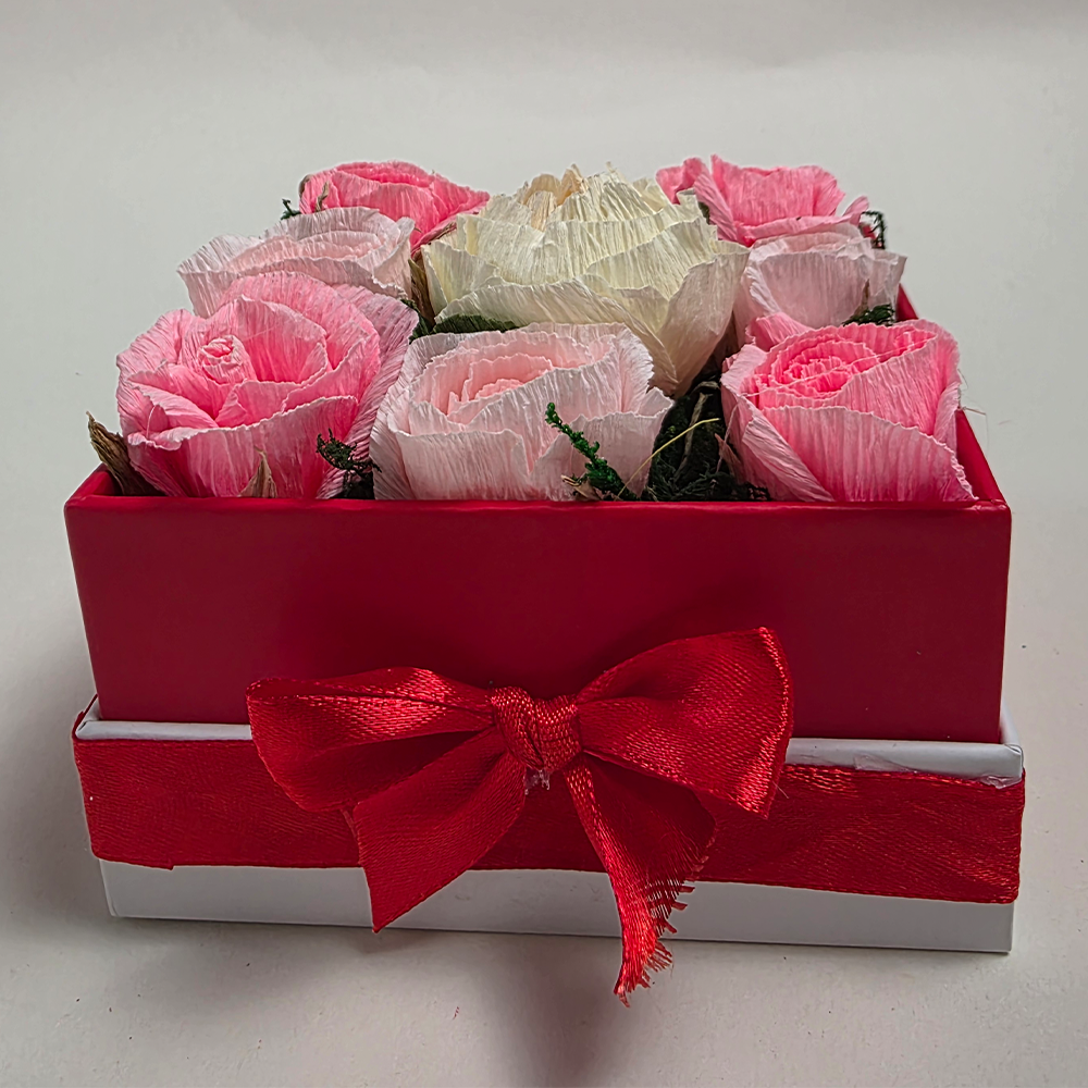 Red Gift Box with Handmade Paper Roses & Peony