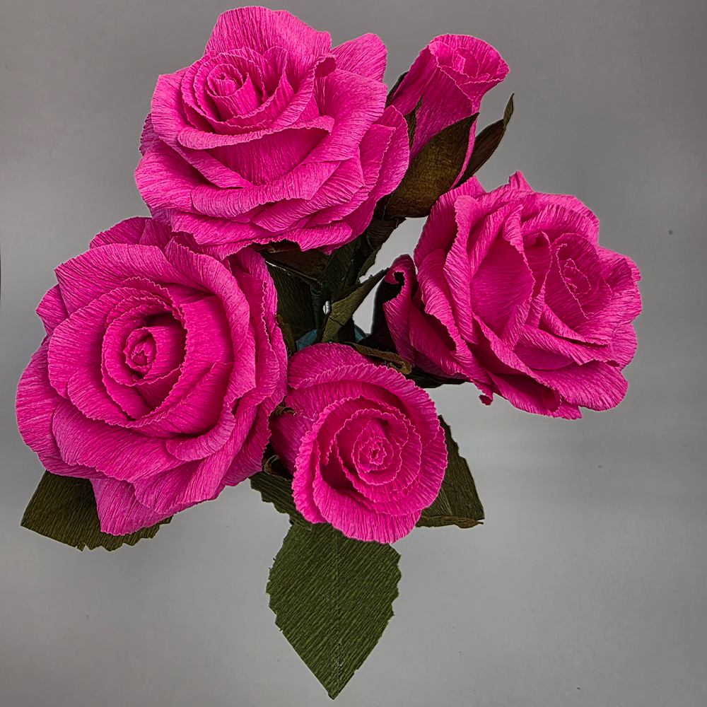 Fuchsia Roses in Glass Vase – Handmade Paper Flowers