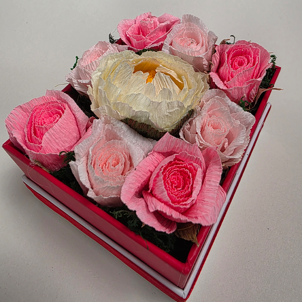 Red Gift Box with Handmade Paper Roses & Peony