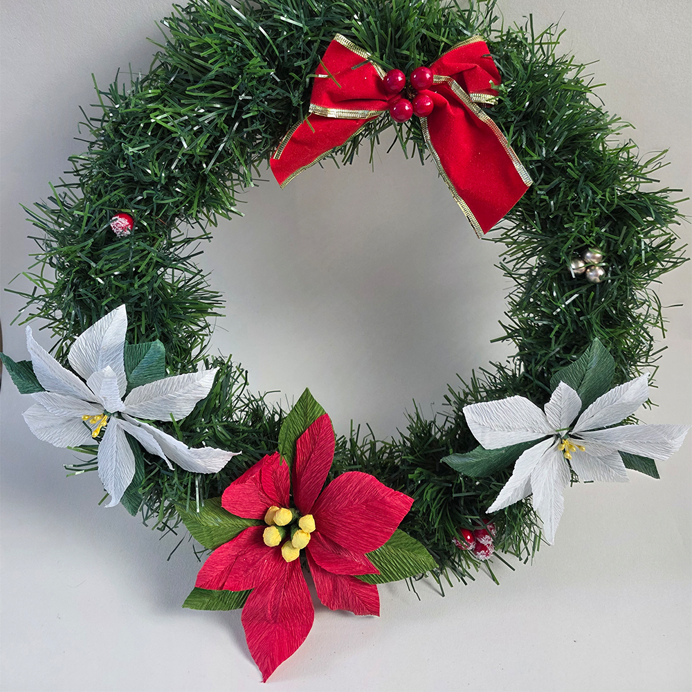 Christmas Wreath with Handmade Poinsettias