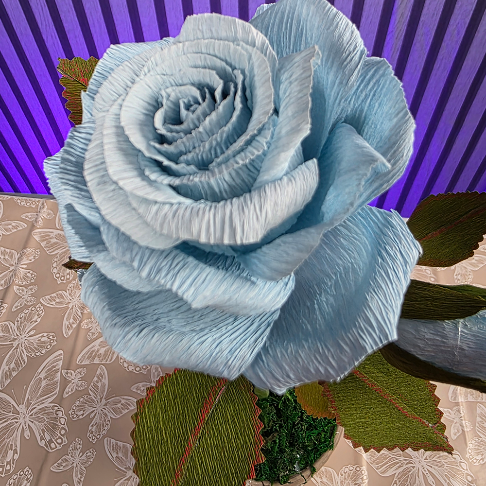 Blue Rose in Hand-Painted Pot – Handmade Paper Flower