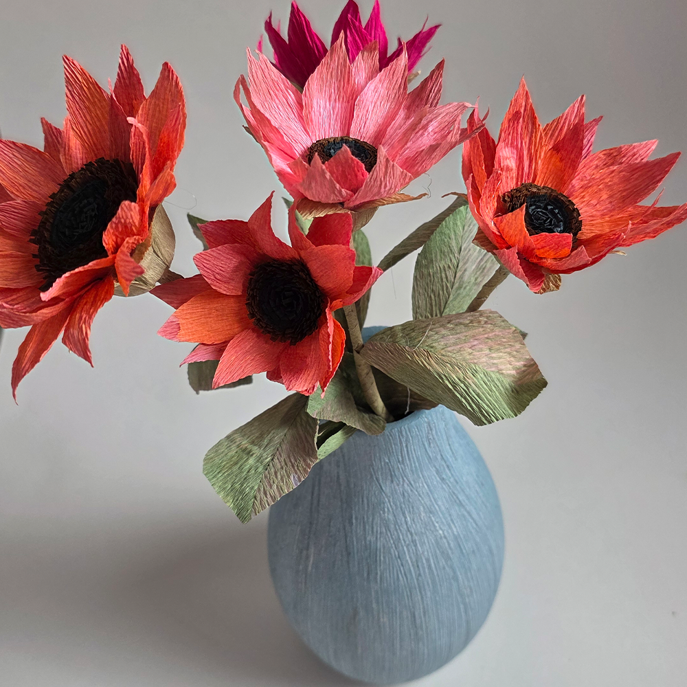 Hand-Painted Sunflower Bouquet – 5 Tall Paper Flowers in Ceramic Vase