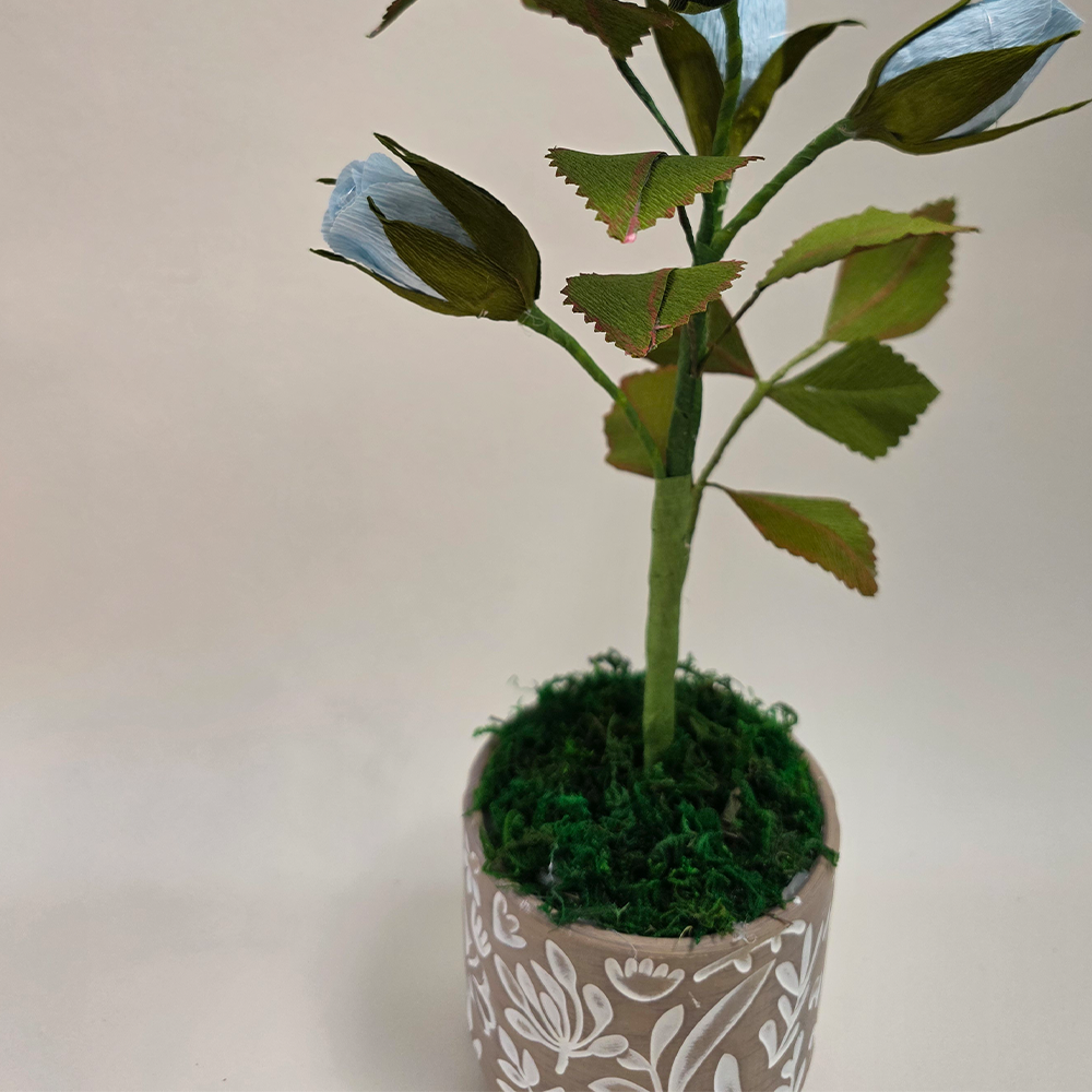 Blue Rose in Hand-Painted Pot – Handmade Paper Flower