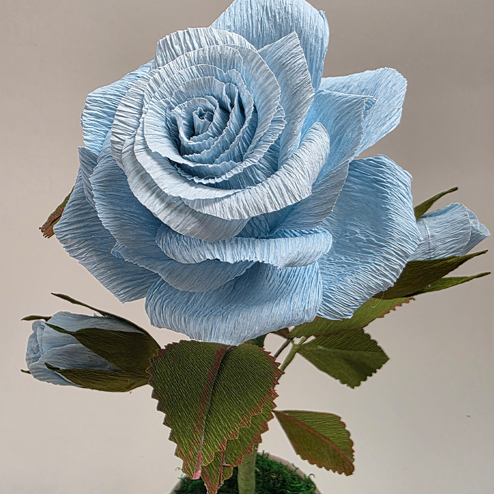 Blue Rose in Hand-Painted Pot – Handmade Paper Flower