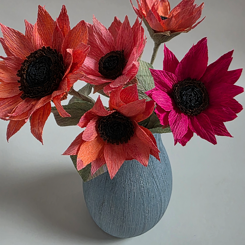 Hand-Painted Sunflower Bouquet – 5 Tall Paper Flowers in Ceramic Vase