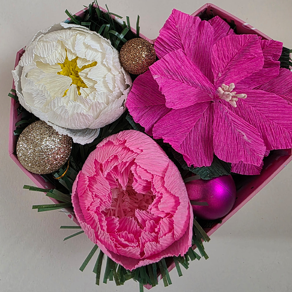 Pink Holiday Heart Arrangement – Handmade Crepe Paper Flowers