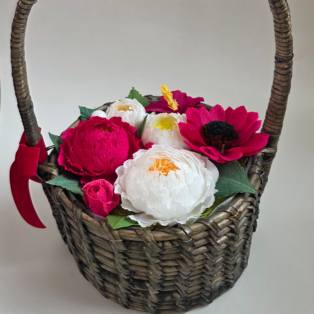 Handmade Red & White Crepe Paper Flower Basket