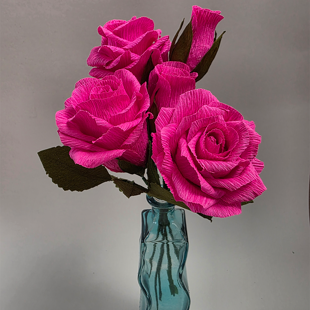 Fuchsia Roses in Glass Vase – Handmade Paper Flowers