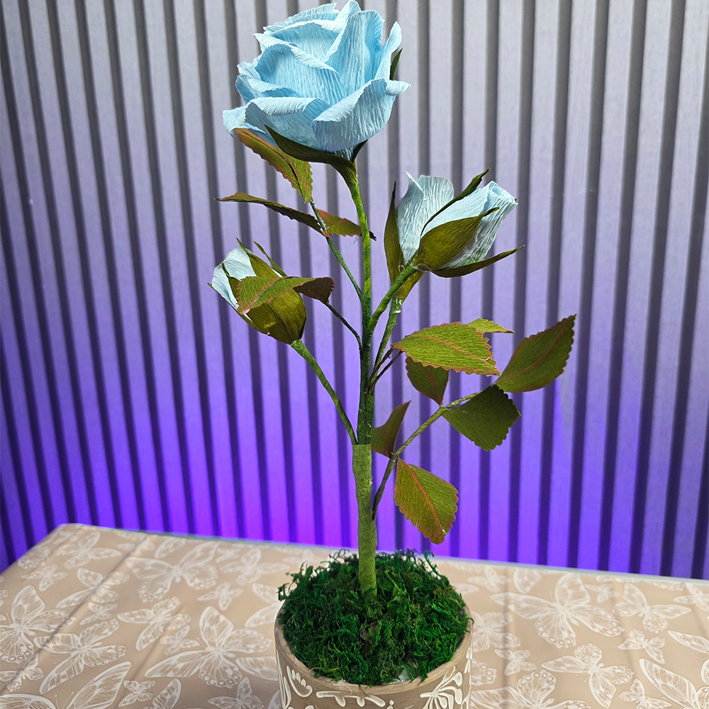 Blue Rose in Hand-Painted Pot – Handmade Paper Flower