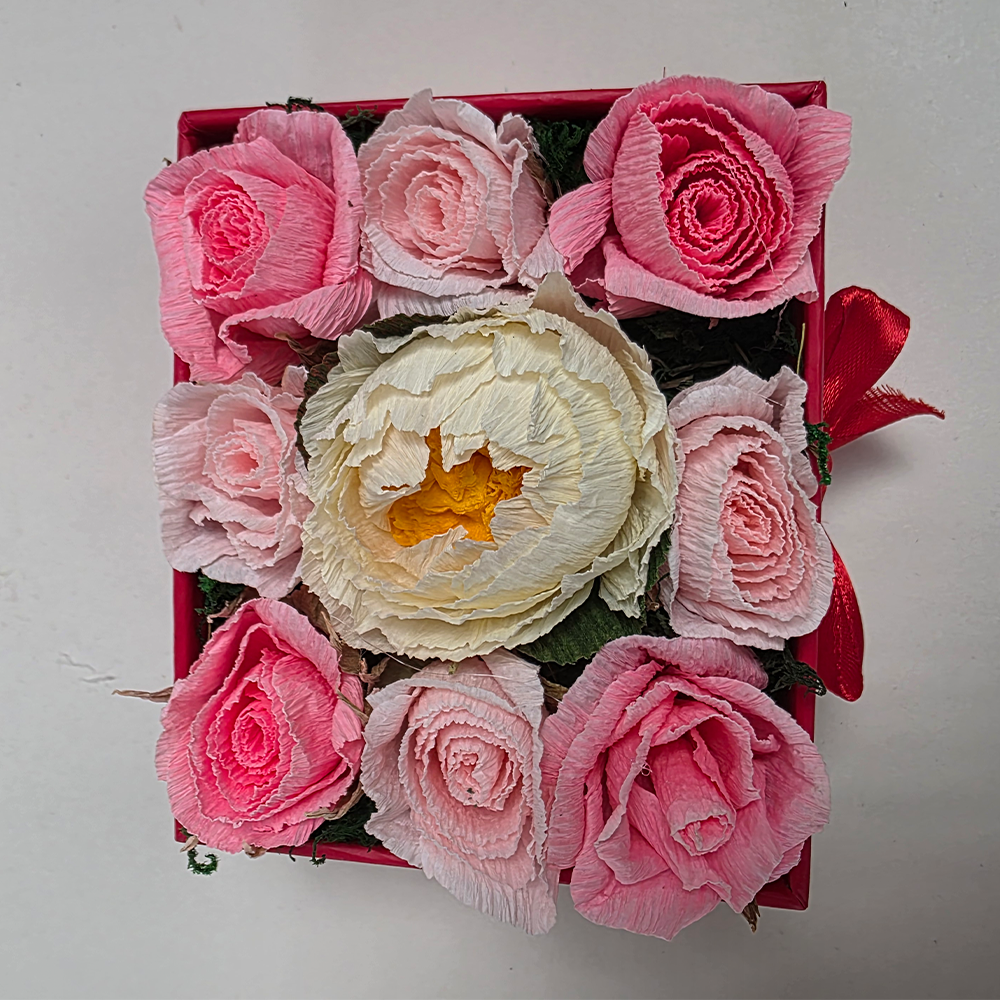 Red Gift Box with Handmade Paper Roses & Peony