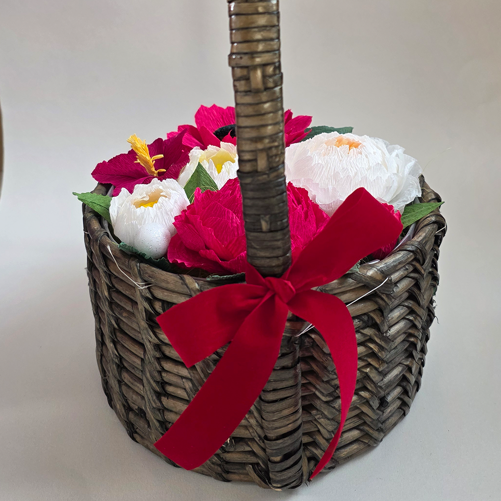 Handmade Red & White Crepe Paper Flower Basket