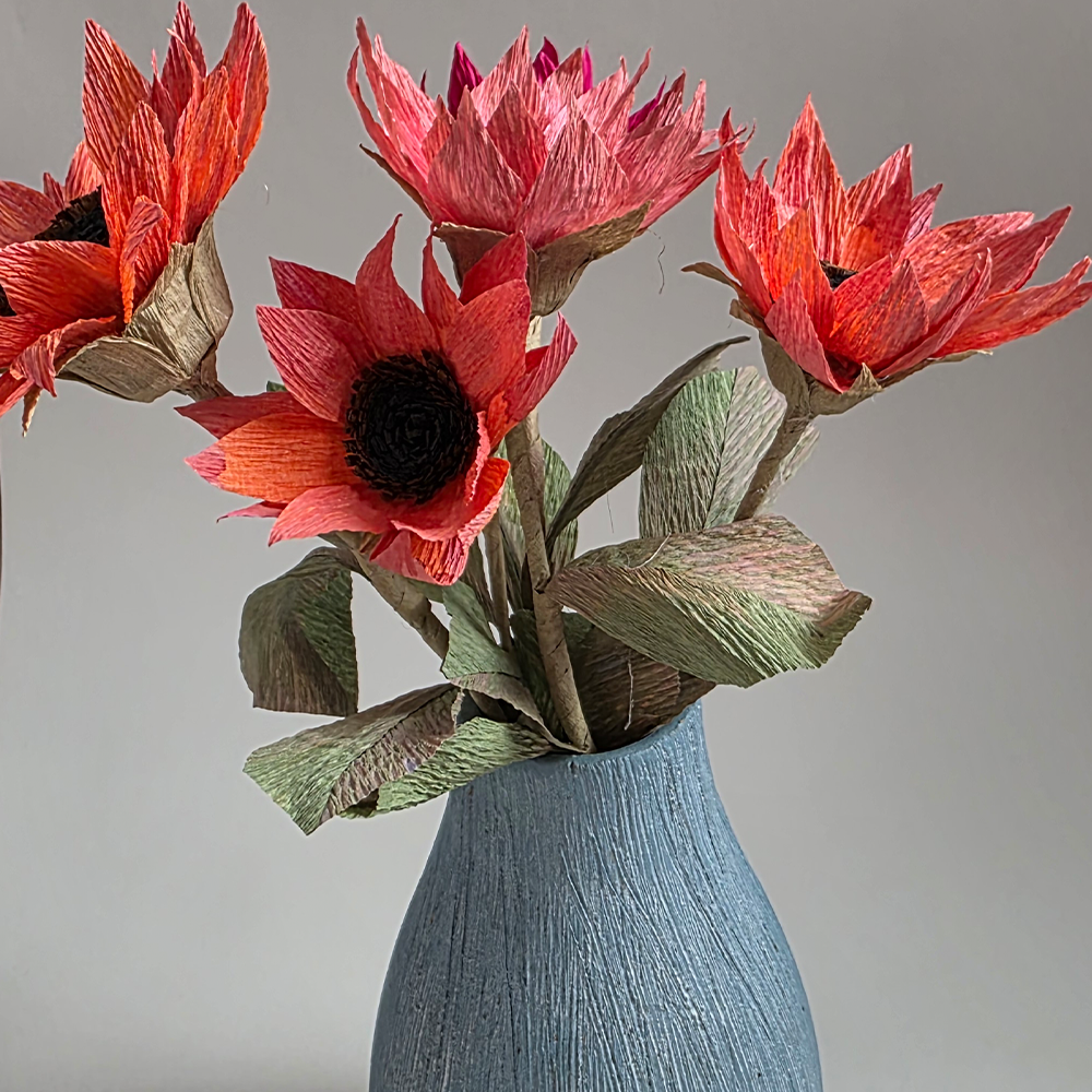 Hand-Painted Sunflower Bouquet – 5 Tall Paper Flowers in Ceramic Vase