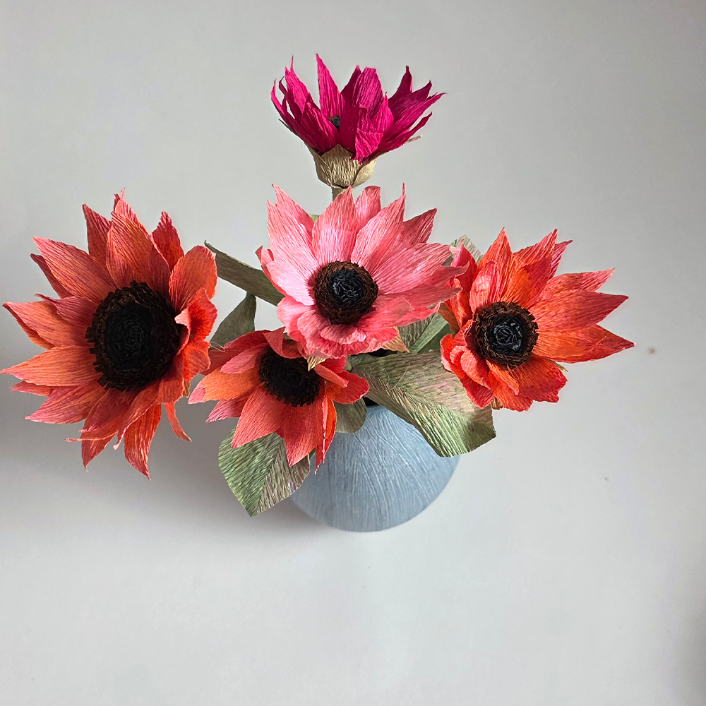Hand-Painted Sunflower Bouquet – 5 Tall Paper Flowers in Ceramic Vase