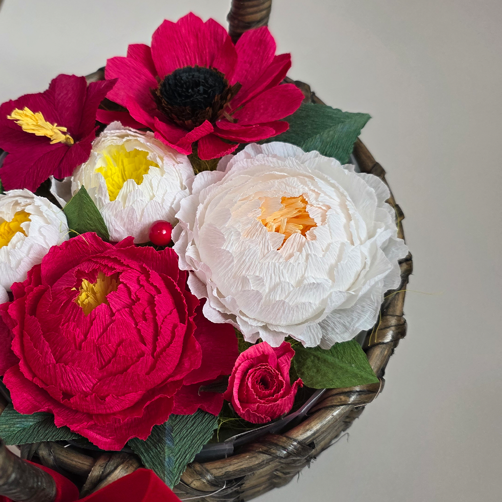Handmade Red & White Crepe Paper Flower Basket