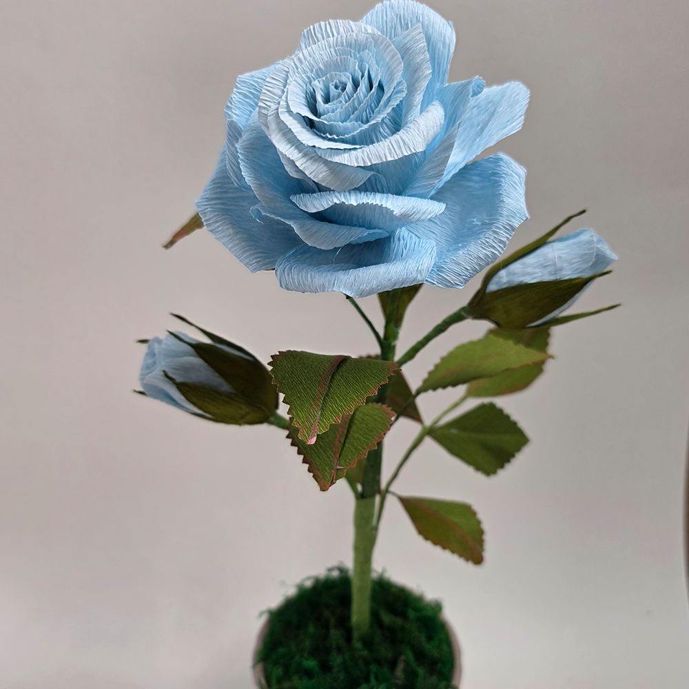 Blue Rose in Hand-Painted Pot – Handmade Paper Flower