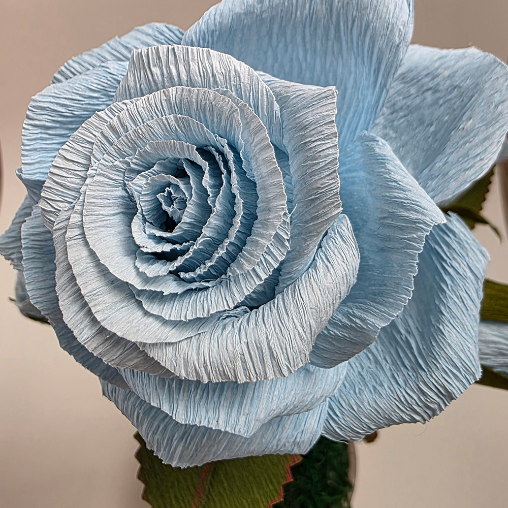 Blue Rose in Hand-Painted Pot – Handmade Paper Flower