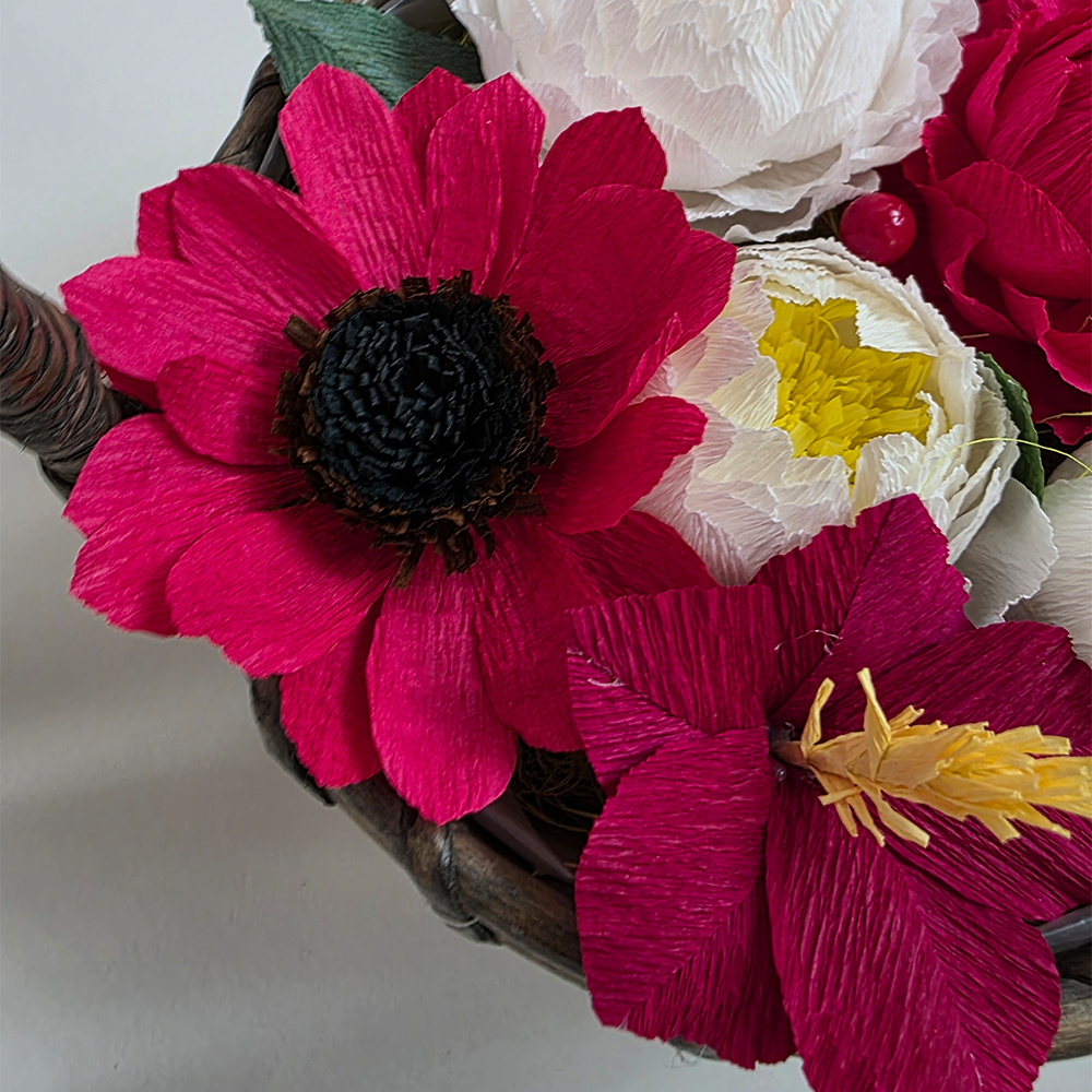 Handmade Red & White Crepe Paper Flower Basket