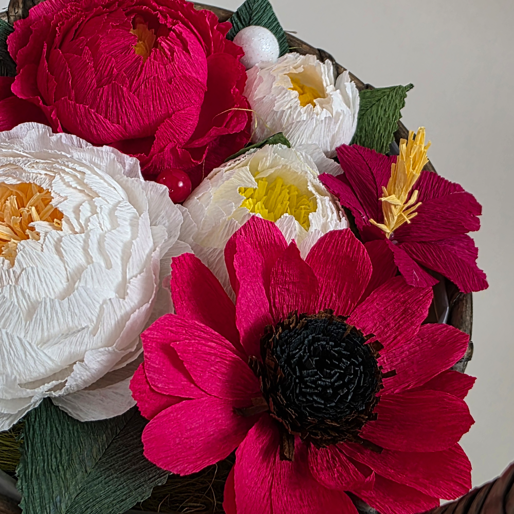 Handmade Red & White Crepe Paper Flower Basket