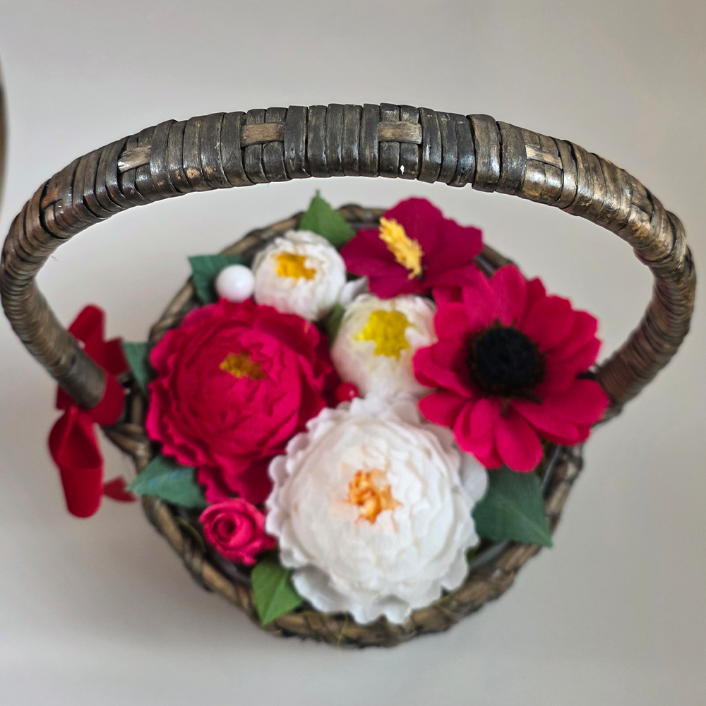 Handmade Red & White Crepe Paper Flower Basket
