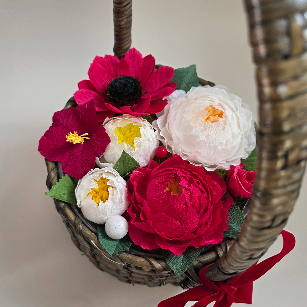 Handmade Red & White Crepe Paper Flower Basket