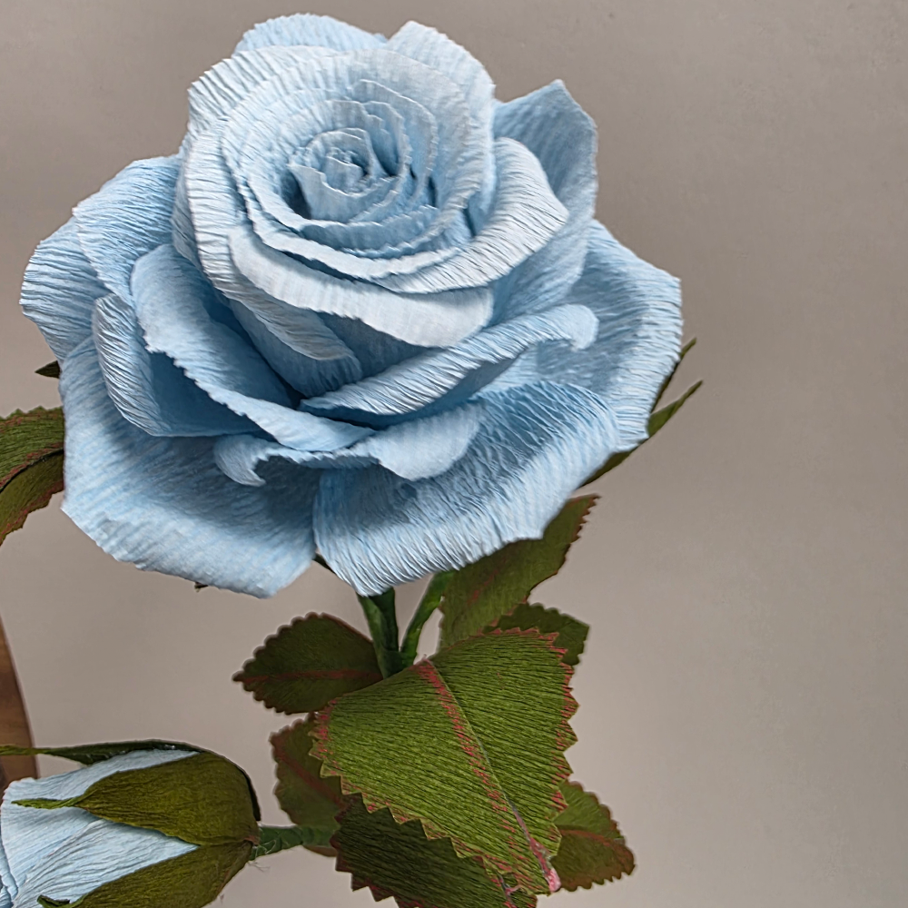 Blue Rose in Hand-Painted Pot – Handmade Paper Flower