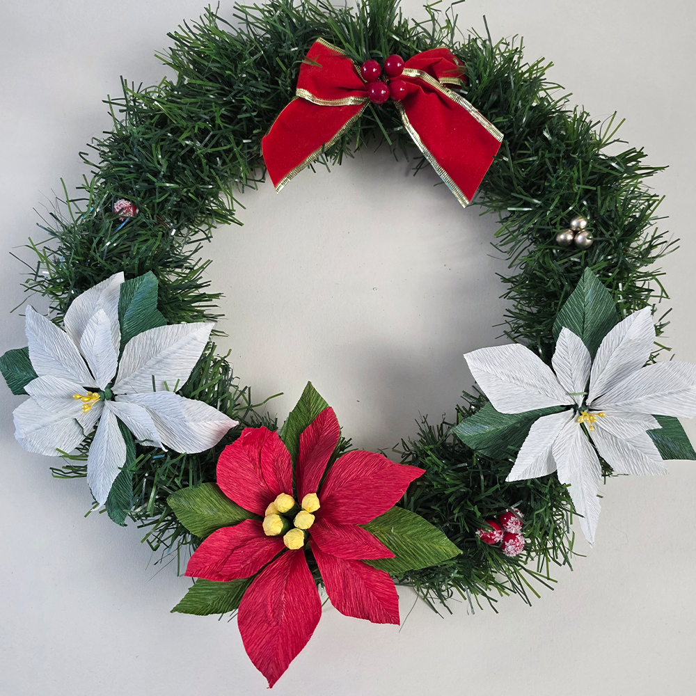 Christmas Wreath with Handmade Poinsettias