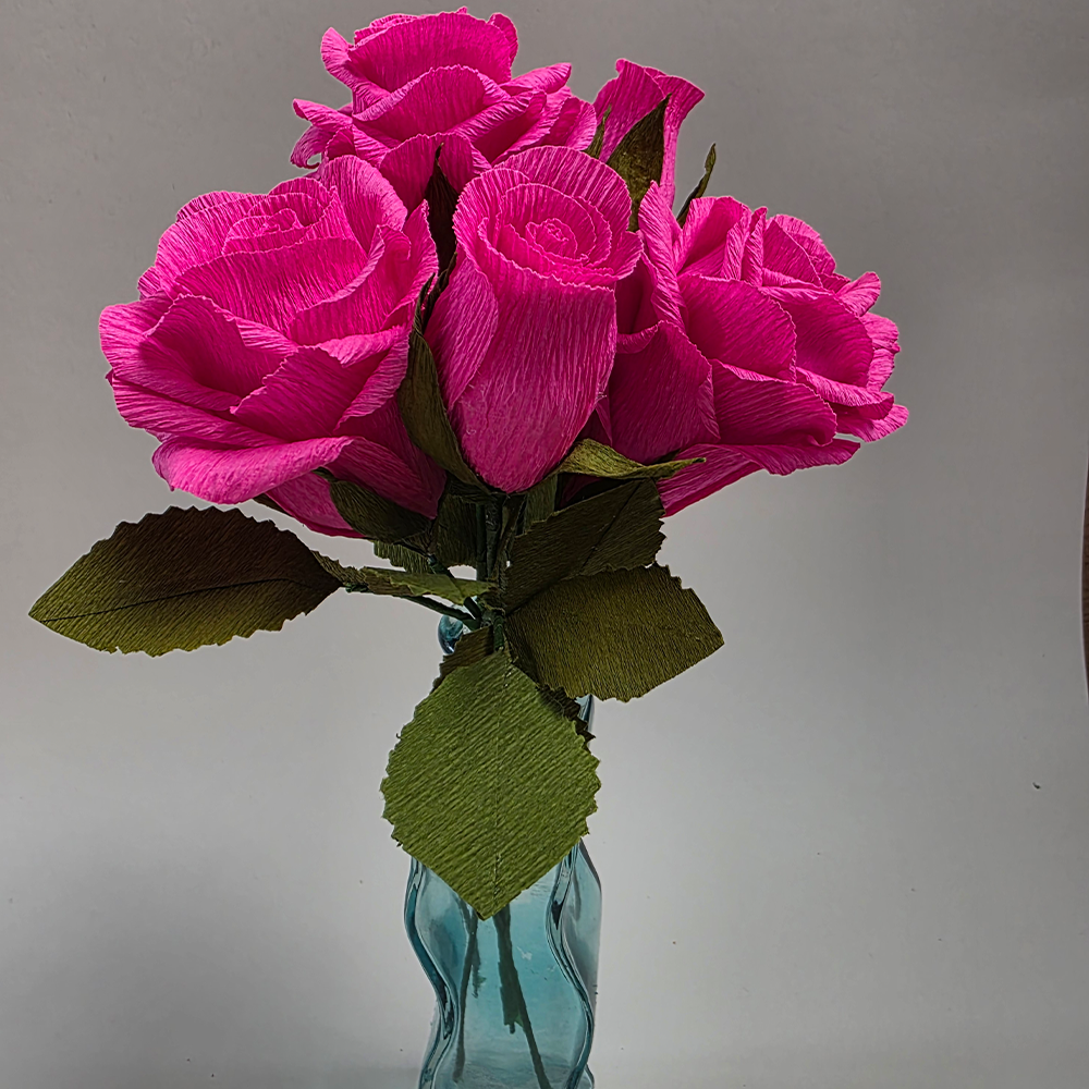 Fuchsia Roses in Glass Vase – Handmade Paper Flowers
