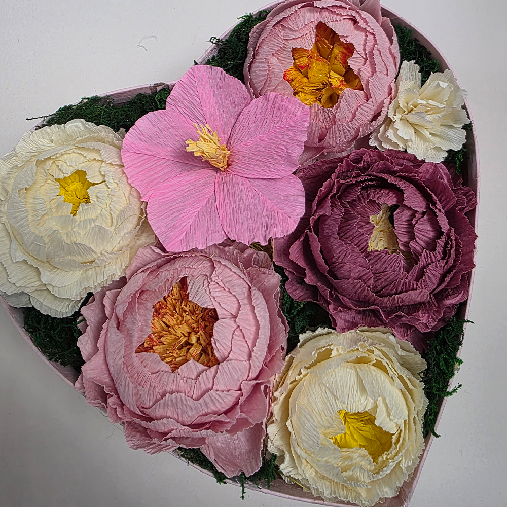 Heart Box with Handmade Paper Peonies & Hibiscu