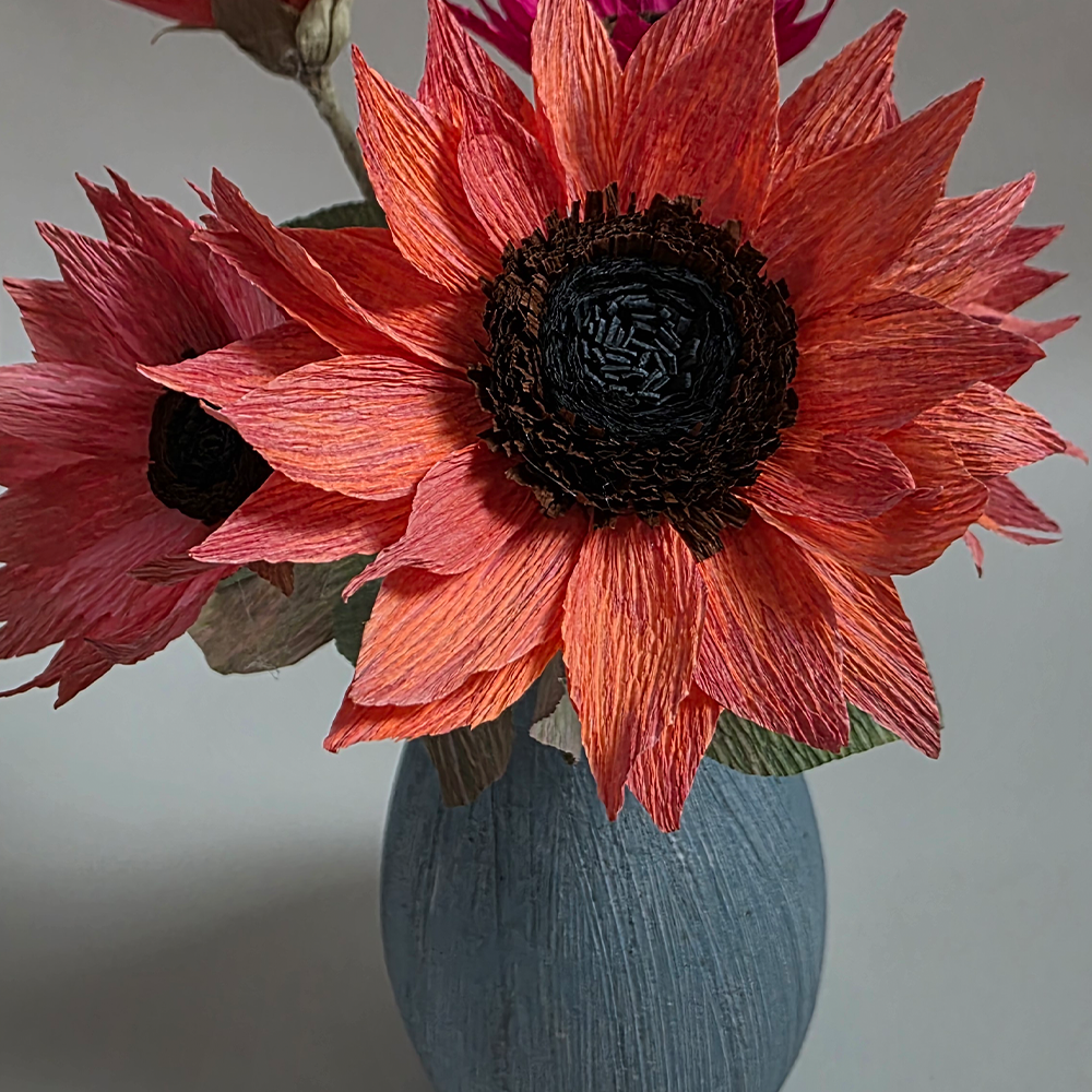 Hand-Painted Sunflower Bouquet – 5 Tall Paper Flowers in Ceramic Vase