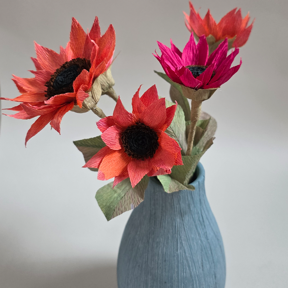 Hand-Painted Sunflower Bouquet – 5 Tall Paper Flowers in Ceramic Vase