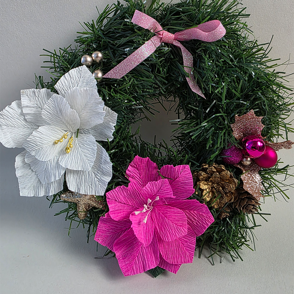 Handmade Christmas Wreath with Pink &amp; White Poinsettias