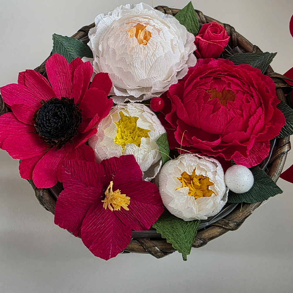 Handmade Red & White Crepe Paper Flower Basket